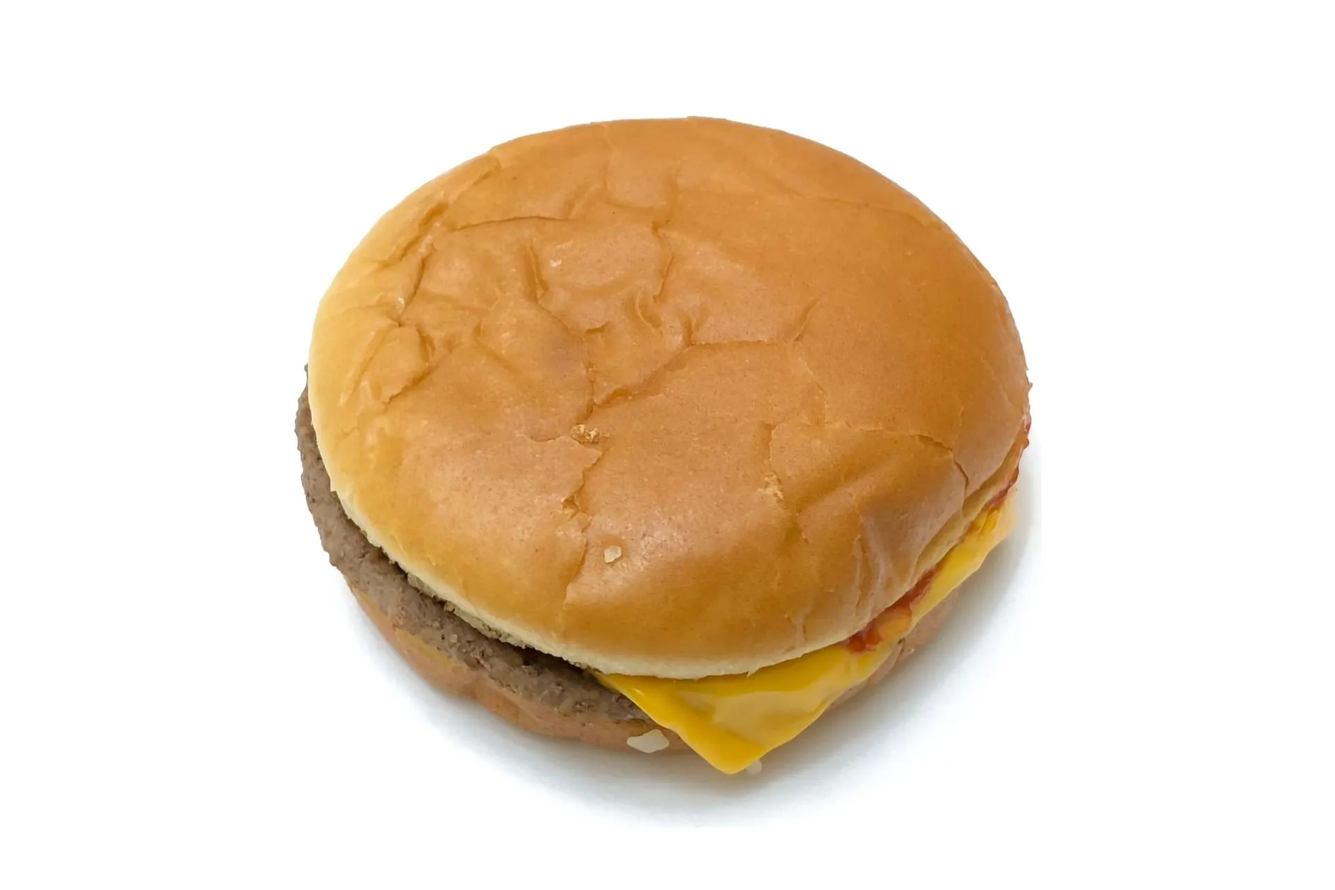 A Cheeseburger on a white background, seen from above
