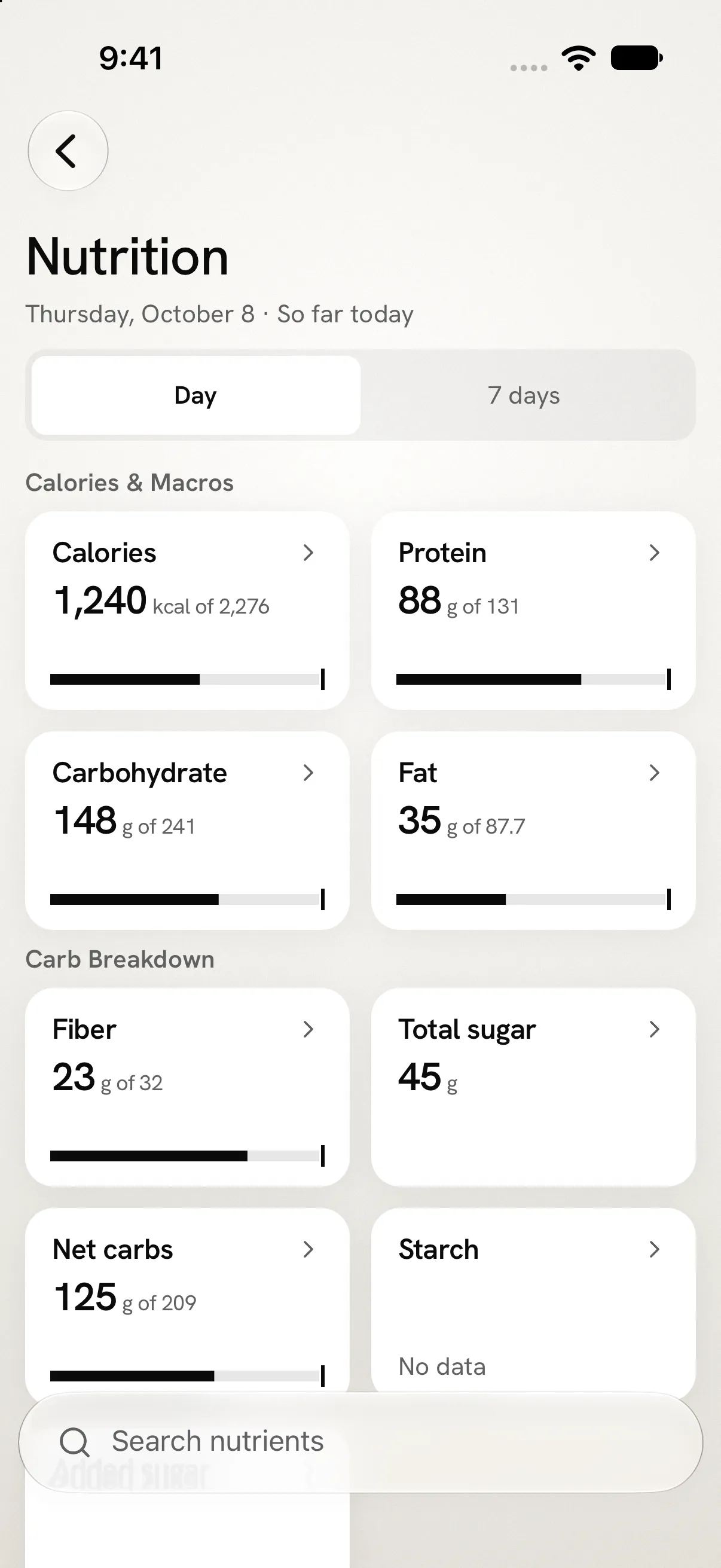 Fit Shapes Nutrition view showing calories, protein, carbohydrates, fat and fiber against daily targets.