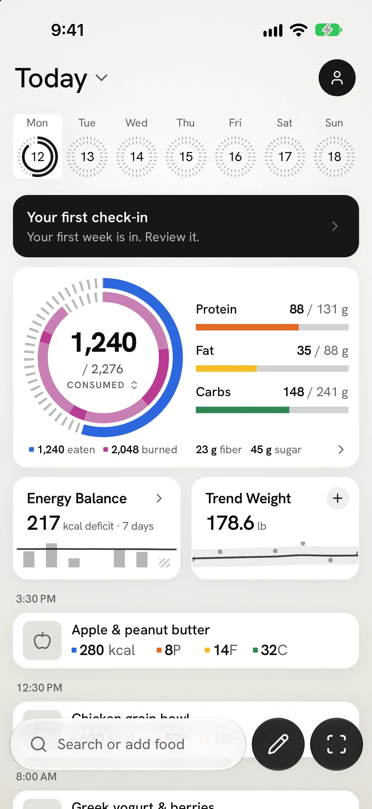 Fit Shapes Today view showing the food log, daily calories and macro progress.