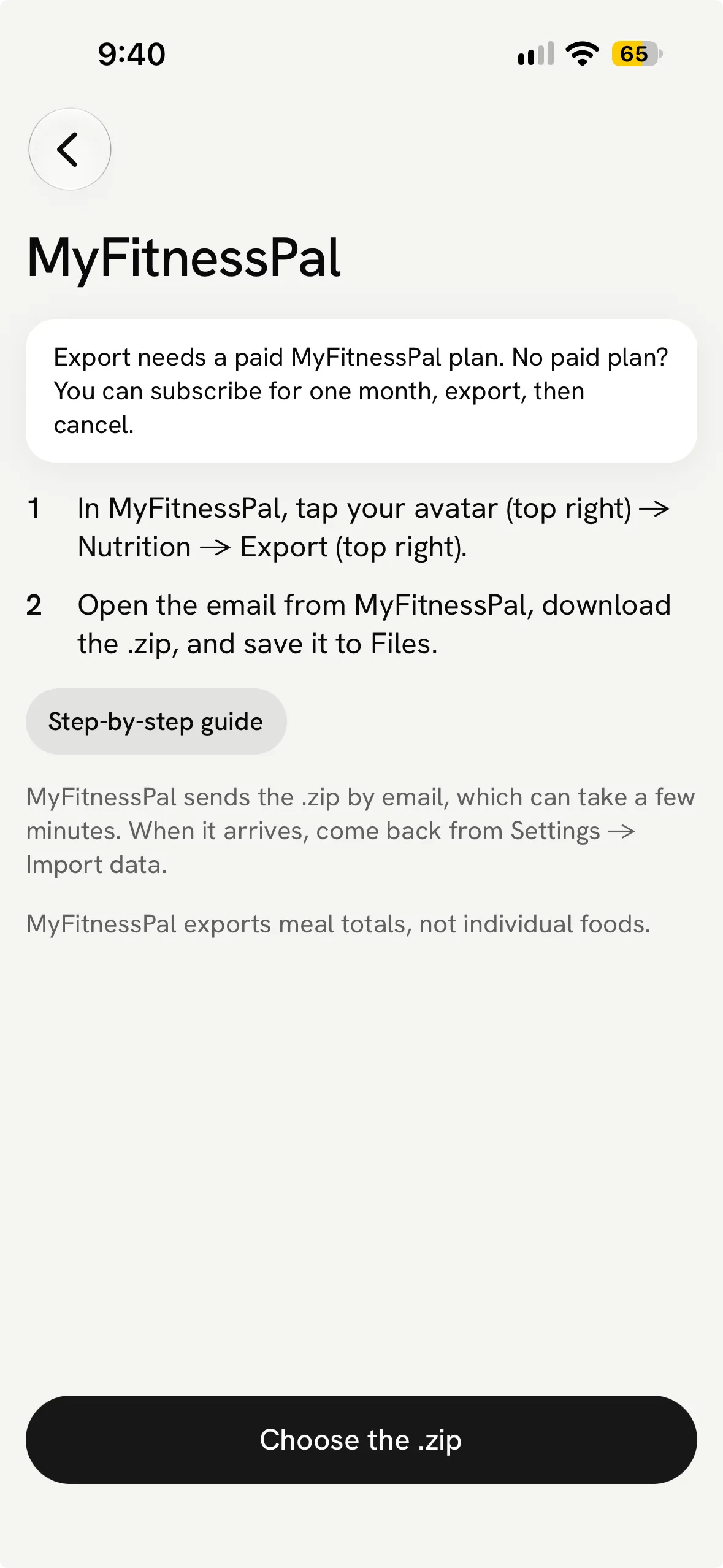 Fit Shapes’ MyFitnessPal import screen on iPhone, with export instructions and the Choose the .zip button.