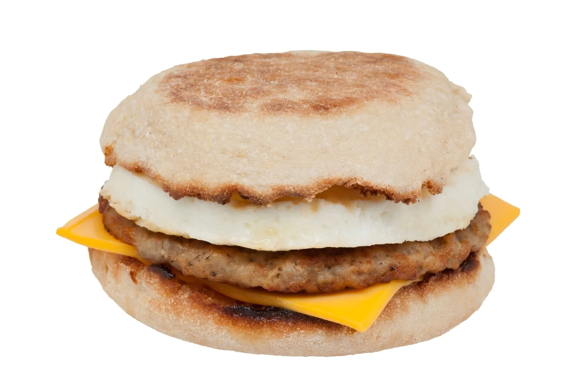 A Sausage McMuffin with Egg on a white background