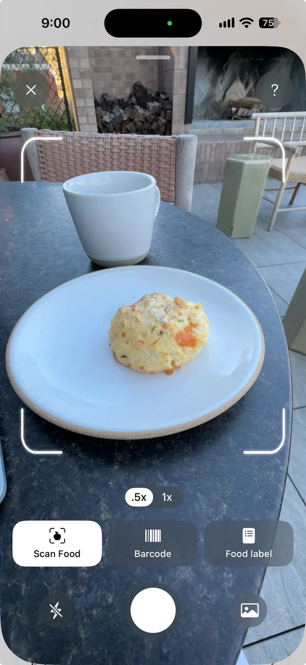 Cal AI's camera on iPhone, framing a cheese biscuit on a plate. Scan Food is selected, with Barcode and Food label beside it.