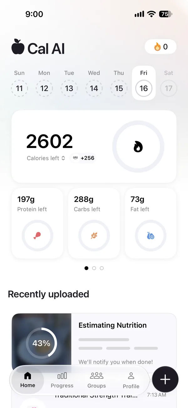 Cal AI's home screen while the photo is analysed. The entry reads Estimating Nutrition at 43 percent, with We'll notify you when done, and 2,602 calories left.