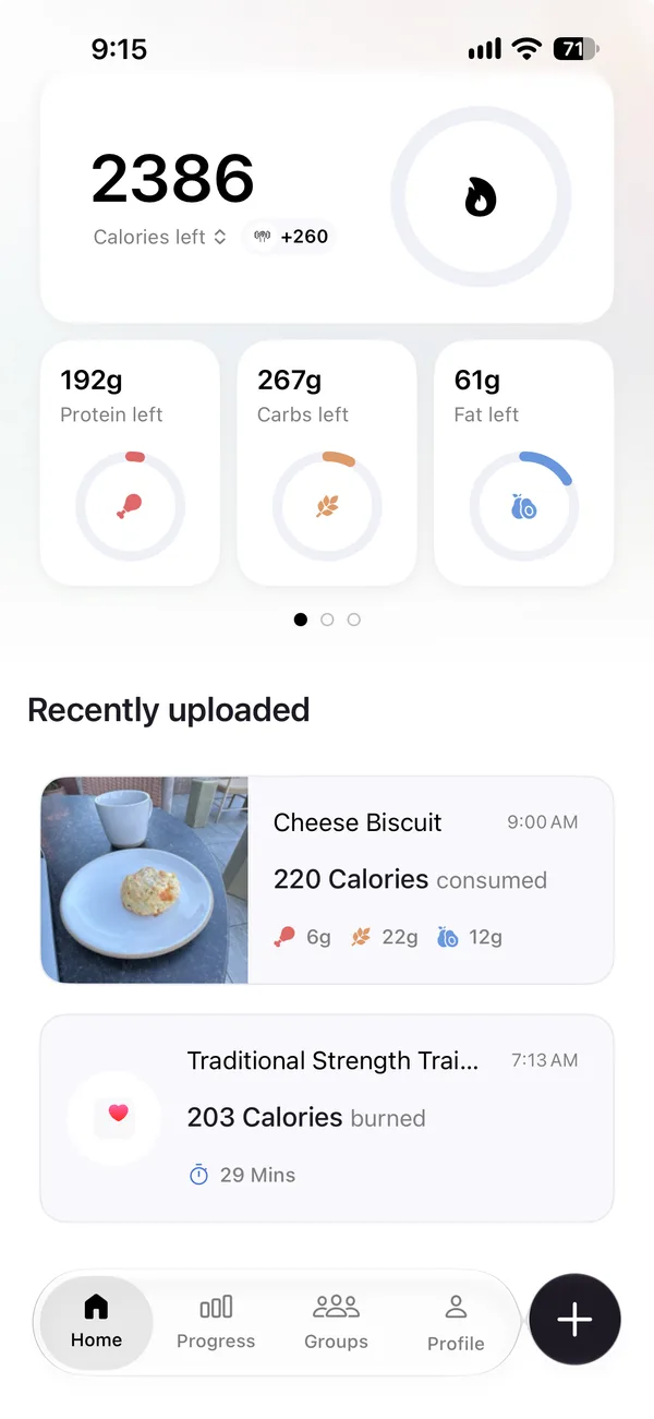 The home screen after the fix. The entry is renamed Cheese Biscuit, still at 220 calories, with 6 grams of protein, 22 of carbs and 12 of fat.