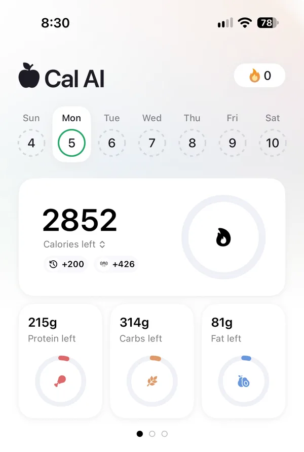 Cal AI's home screen on October 5. It shows 2,852 calories left, with +200 and +426 added under it, then the protein, carbs and fat left for the day.