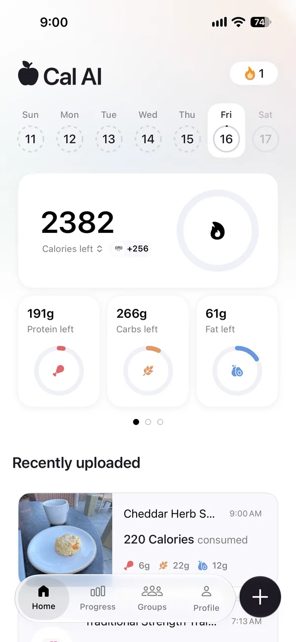 The home screen 13 seconds later. The biscuit is logged, as a Cheddar Herb Scone at 220 calories, 2,382 calories are left, and the streak reads 1.
