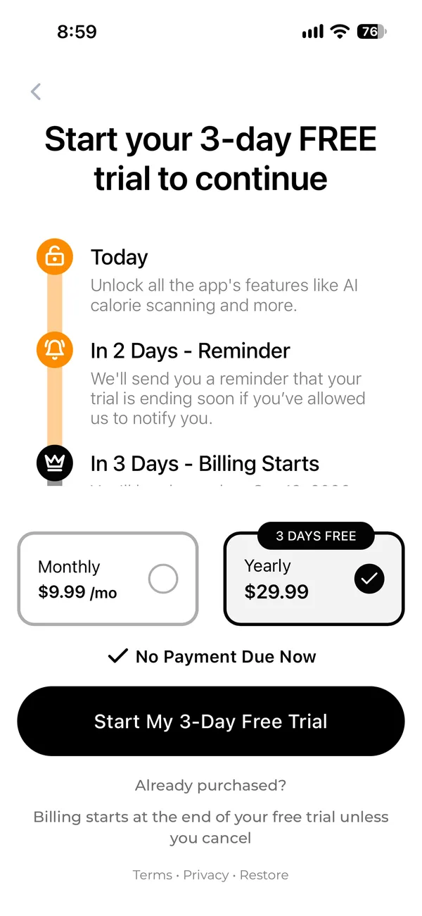 Cal AI's paywall, headed Start your 3-day FREE trial to continue. It shows a monthly plan at 9.99 dollars a month and a yearly plan at 29.99 dollars, marked 3 days free, with No Payment Due Now.