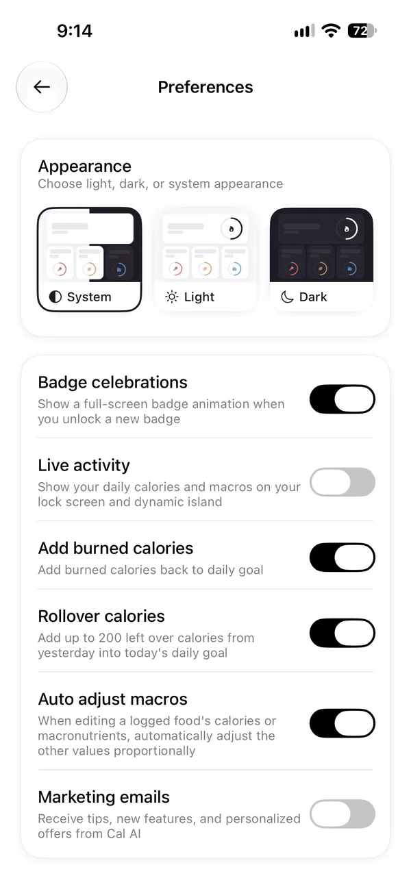 Cal AI's Preferences. Add burned calories, Rollover calories and Auto adjust macros are on, with Badge celebrations, a Live activity switch and Marketing emails.