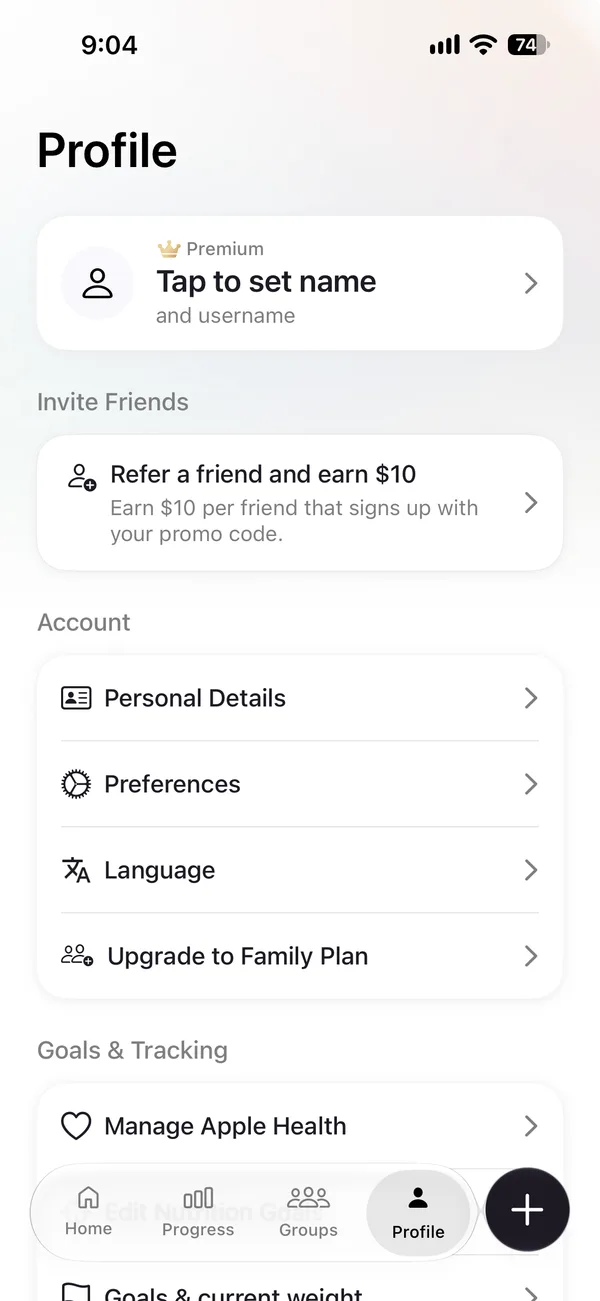 Cal AI's Profile screen, marked Premium, with a referral offer, Personal Details, Preferences, Language, and Upgrade to Family Plan.