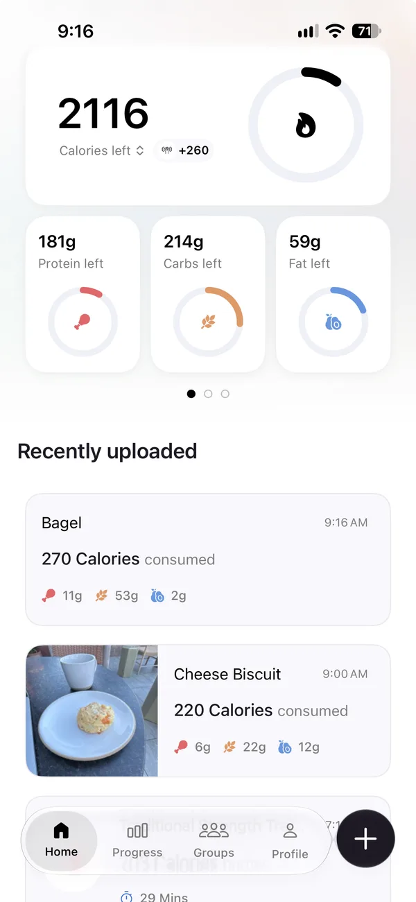 The home screen 20 seconds later, with a Bagel logged at 270 calories, 11 grams of protein, 53 of carbs and 2 of fat, above the cheese biscuit.
