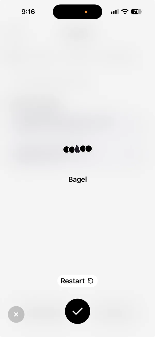 Cal AI's Voice Log screen after listening. It shows the word Bagel, with Restart and a check mark to confirm.