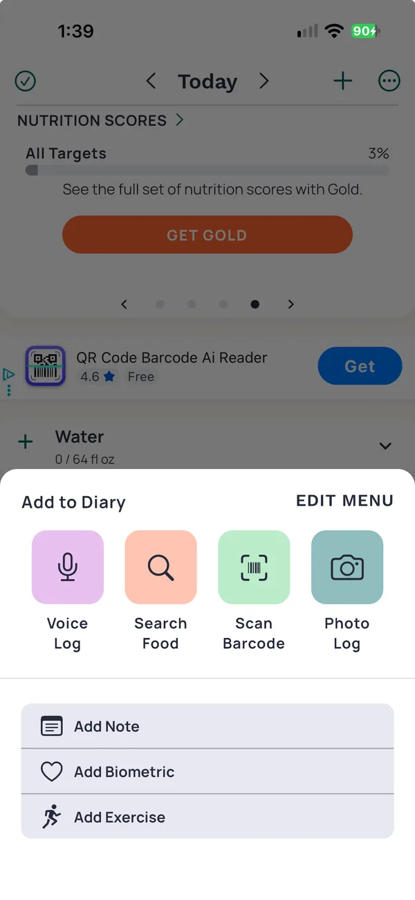 Cronometer's Add to Diary sheet, with Voice Log, Search Food, Scan Barcode and Photo Log, then Add Note, Add Biometric and Add Exercise.