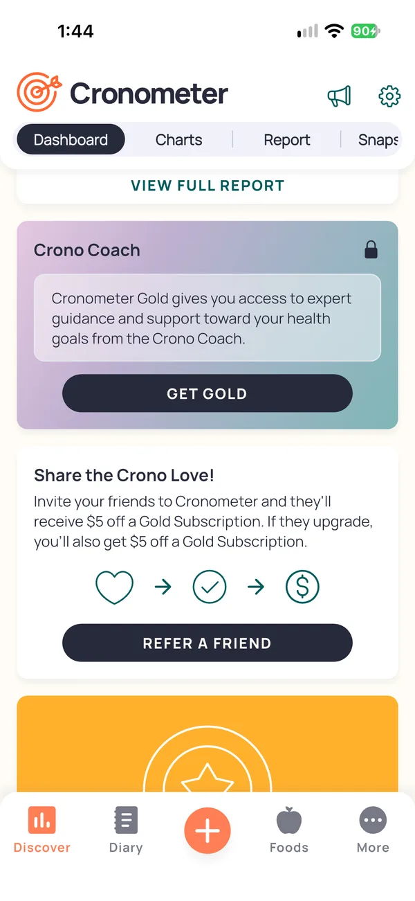 Discover's Crono Coach card, locked, with Get Gold. Below it, Share the Crono Love, an offer of money off Gold for you and a friend you refer.