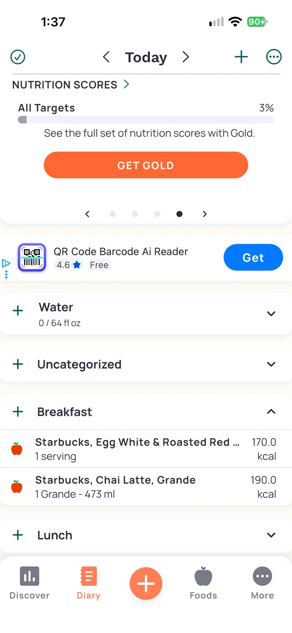 The diary on the Nutrition Scores card, which reads See the full set of nutrition scores with Gold. Under it, an ad for a QR code reader app with a Get button.