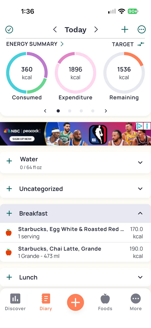 Cronometer's diary for today. Energy Summary shows 360 calories consumed, 1,896 burned and 1,536 remaining, above a banner ad and the breakfast group with Starbucks egg bites and a chai latte.