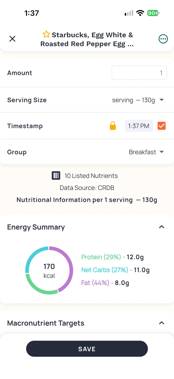 The entry for Starbucks Egg White and Roasted Red Pepper Egg Bites, one 130 gram serving at 170 calories. Beside a barcode icon it reads 10 Listed Nutrients, Data Source CRDB.