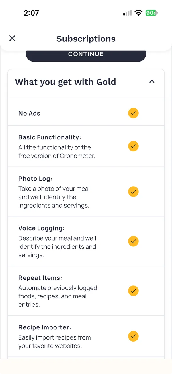 What you get with Gold, starting with No Ads, Basic Functionality, Photo Log, Voice Logging, Repeat Items and Recipe Importer.
