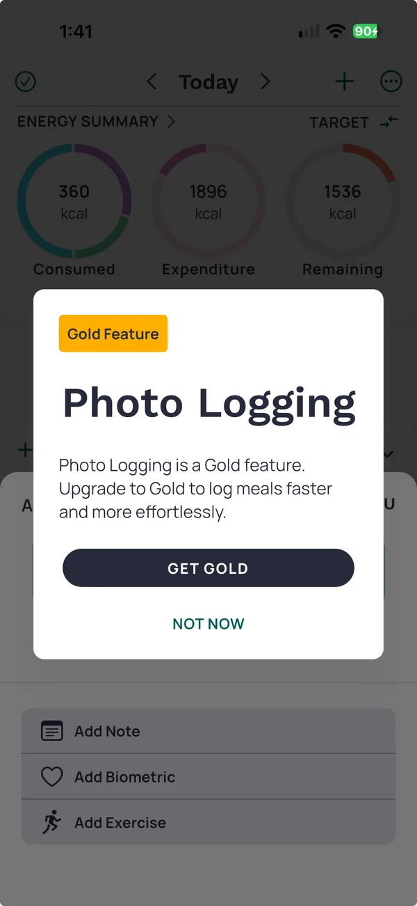 A card over the diary, marked Gold Feature. It reads Photo Logging is a Gold feature, Upgrade to Gold to log meals faster, with Get Gold and Not Now.
