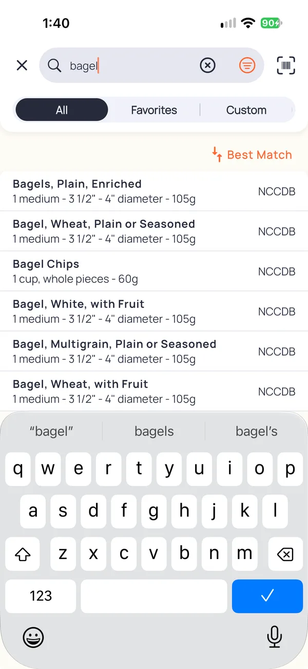 Search results for bagel, with the keyboard open. Bagels, Plain, Enriched is first, then wheat, chips, white with fruit, multigrain and wheat with fruit, each marked NCCDB.