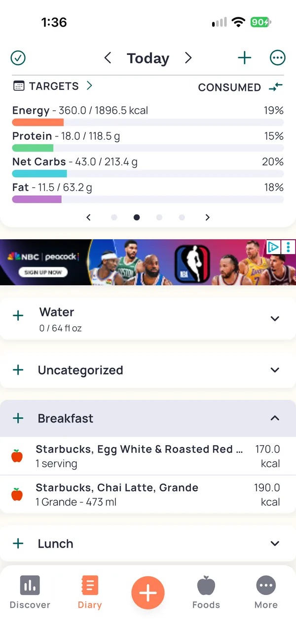 The same diary on the Targets card, with bars for energy at 360 of 1,896.5 calories, protein at 18 of 118.5 grams, net carbs at 43 of 213.4 grams and fat at 11.5 of 63.2 grams.