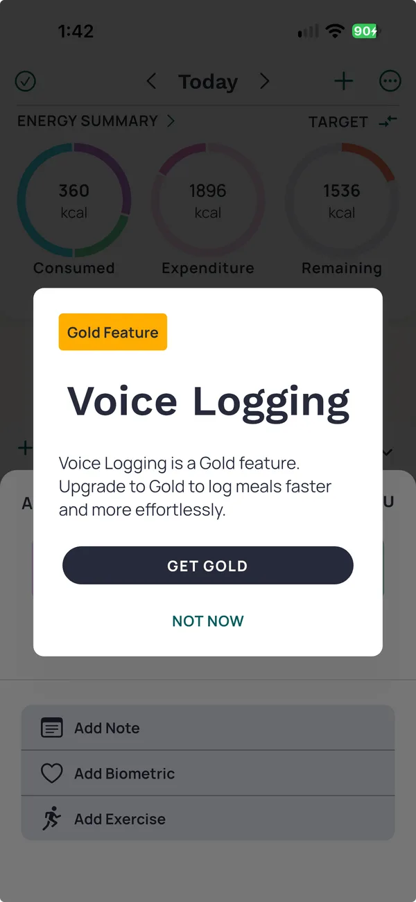The same card for Voice Logging, marked Gold Feature, with Get Gold and Not Now.