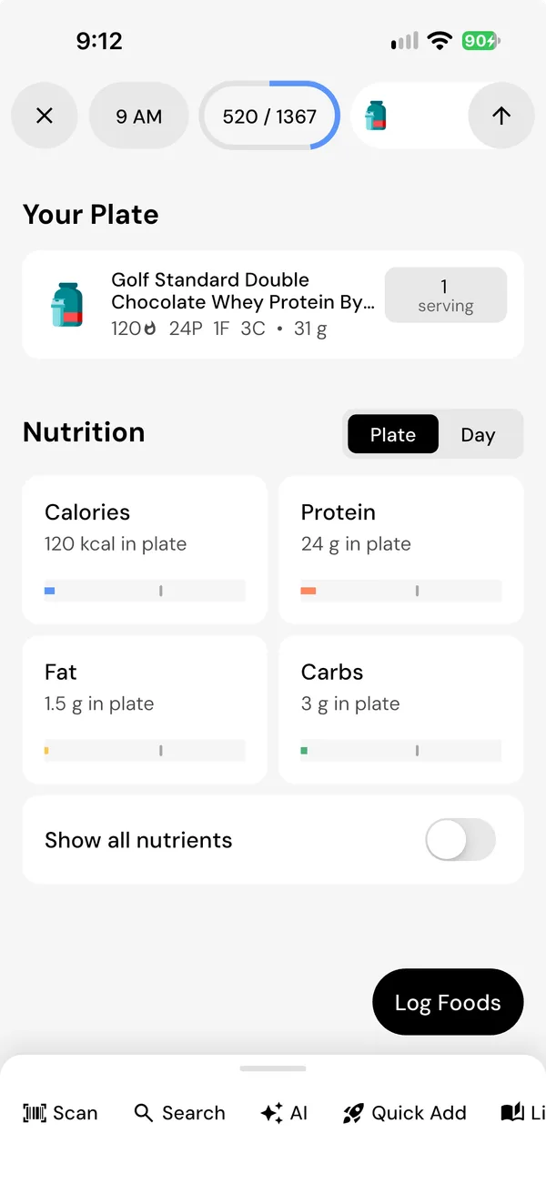 Your Plate after a barcode scan, with a chocolate whey protein from Optimum Nutrition set to 1 serving, and a Log Foods button. One 31 gram serving has 120 calories, 24 grams of protein, 1.5 of fat and 3 of carbs. A switch reads Show all nutrients.