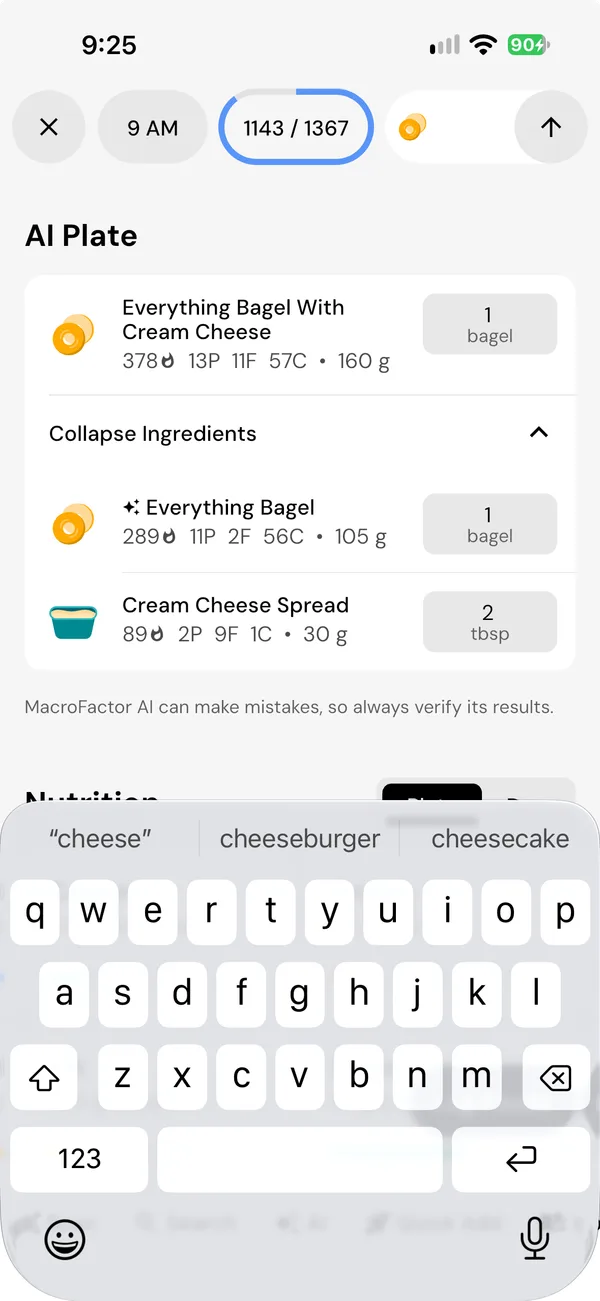 AI Plate, with Everything Bagel With Cream Cheese at 378 calories and 160 grams. Its ingredients are an everything bagel at 289 calories, marked as AI-generated, and 2 tablespoons of cream cheese spread at 89. A line reads MacroFactor AI can make mistakes, so always verify its results.