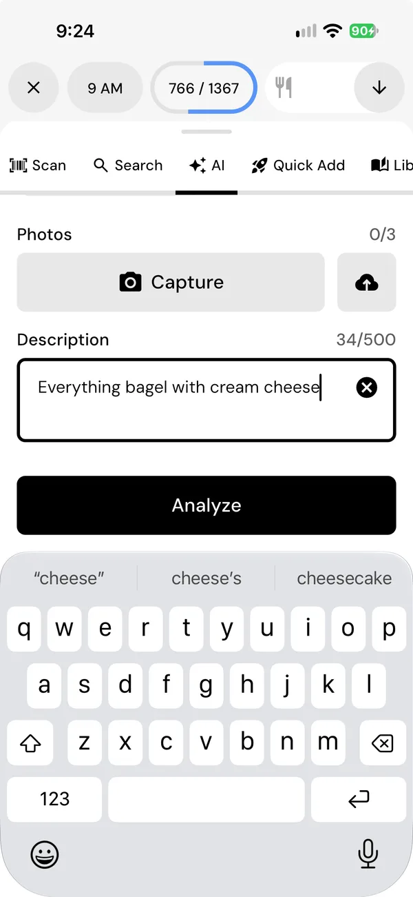 The AI tab on Describe, with room for 3 photos and the description Everything bagel with cream cheese, above an Analyze button.