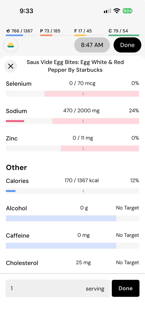The egg bites' last minerals and other nutrients. Selenium and zinc read 0 and sodium 470 of 2,000 milligrams, then 170 calories and 25 milligrams of cholesterol.