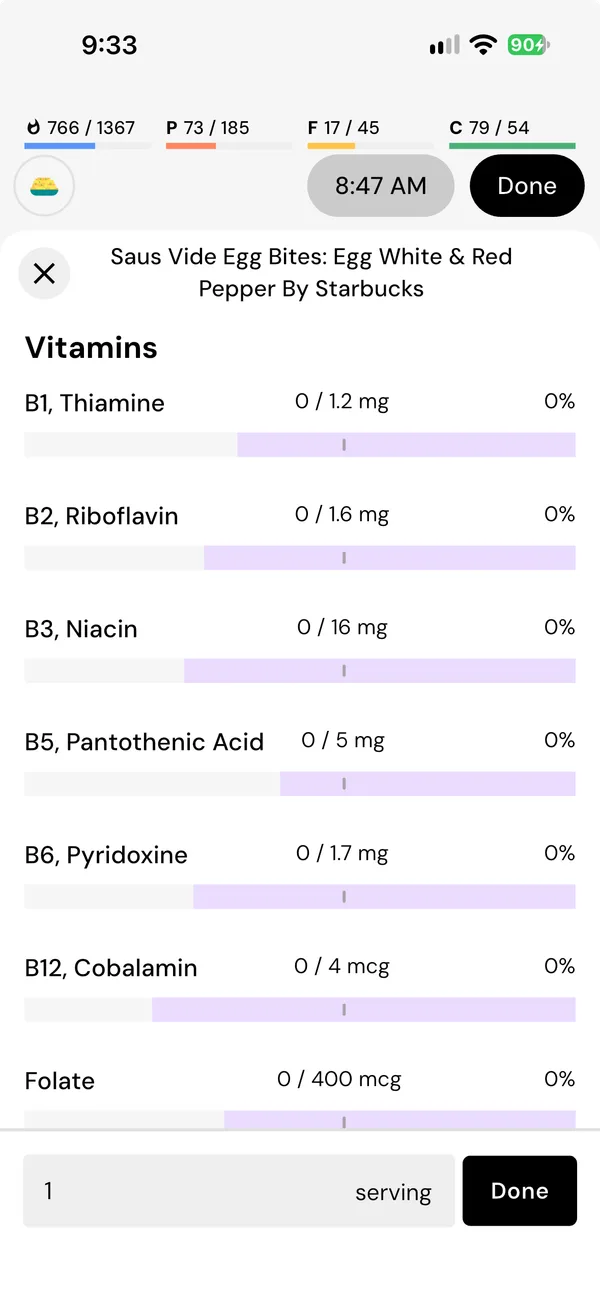 The vitamins for Starbucks egg bites with egg white and red pepper. Thiamine, riboflavin, niacin, pantothenic acid, B6, B12 and folate each read 0, at 0 percent of the target.