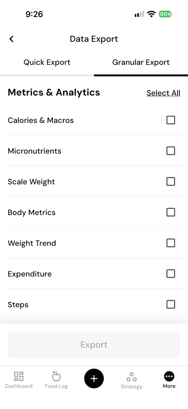 The Granular Export tab, with a checkbox for each of calories and macros, micronutrients, scale weight, body metrics, weight trend, expenditure and steps.