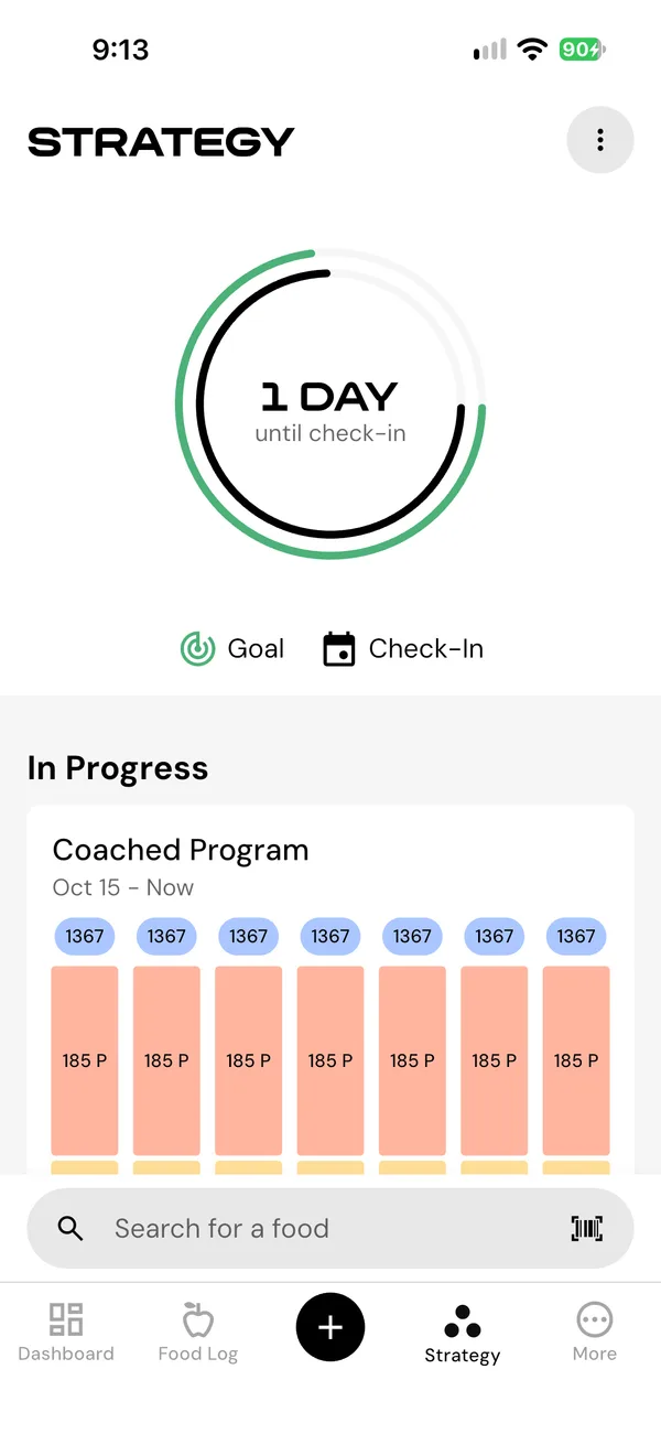 MacroFactor's Strategy tab. A ring reads 1 day until check-in. Below it, the Coached Program from October 15 shows 1,367 calories and 185 grams of protein for each day of the week.