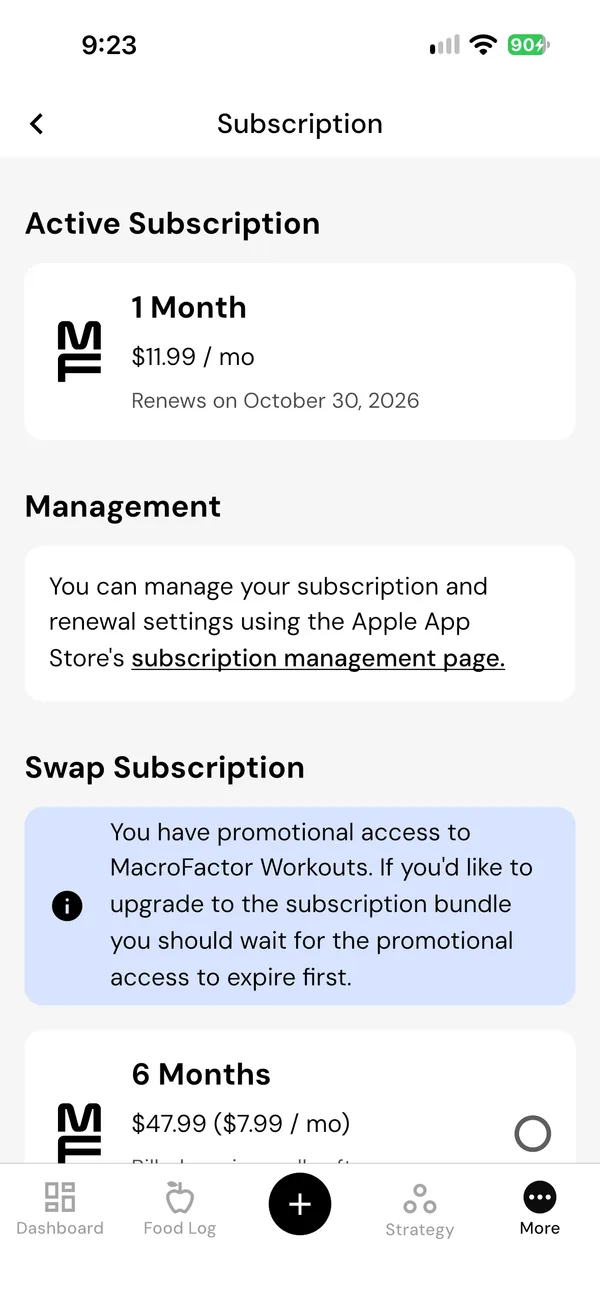 MacroFactor's Subscription screen, with the 1 Month plan at 11.99 dollars a month, a note that renewals are managed in the App Store, and the first plan to switch to, 6 Months at 47.99 dollars.