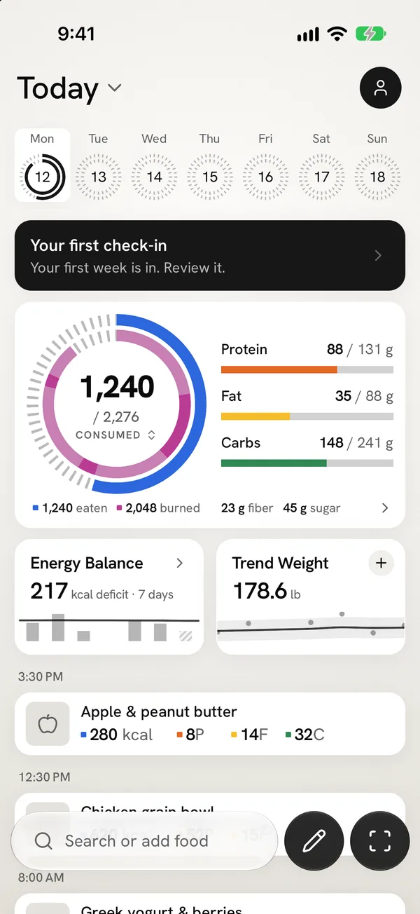 Fit Shapes Today view with the food log, daily calories, and macro progress, shown with sample data.
