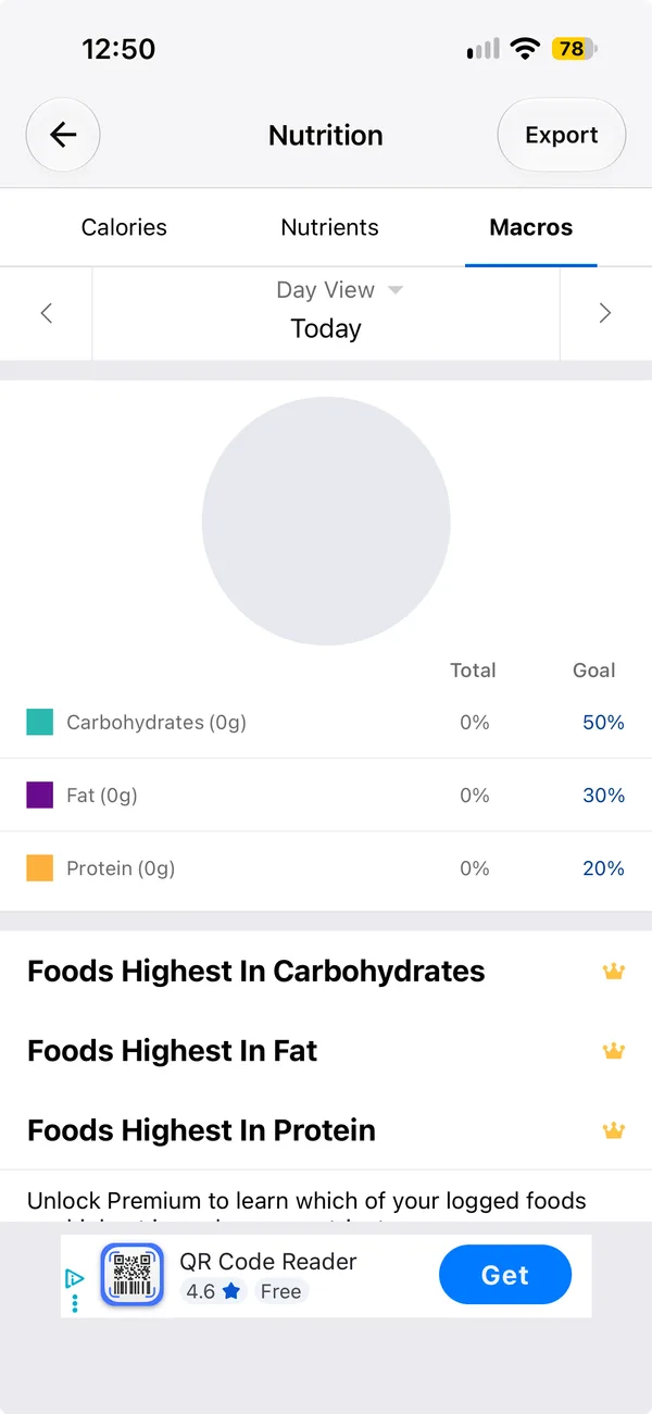 The Nutrition screen on Macros. Goals are 50 percent carbohydrates, 30 percent fat and 20 percent protein. Foods Highest In Carbohydrates, Fat and Protein each carry a gold crown, above Unlock Premium and a banner ad for a QR code reader app.