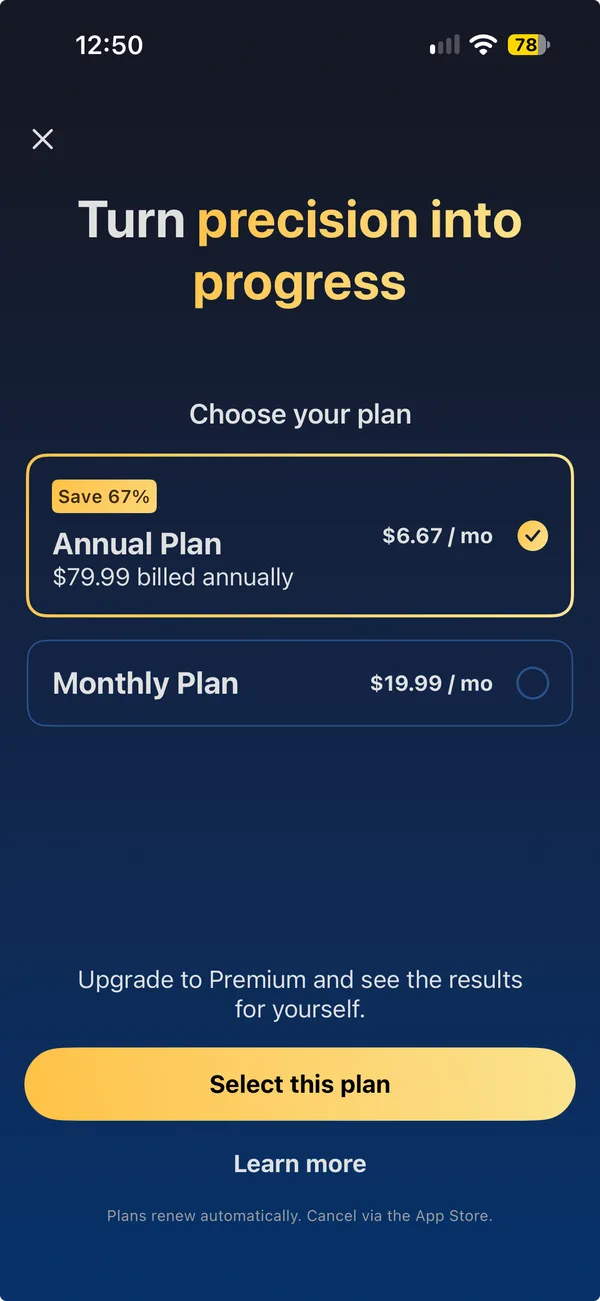 Choose your plan. The Annual Plan is 79.99 dollars billed annually, or 6.67 dollars a month, marked Save 67 percent. The Monthly Plan is 19.99 dollars a month. Plans renew automatically.